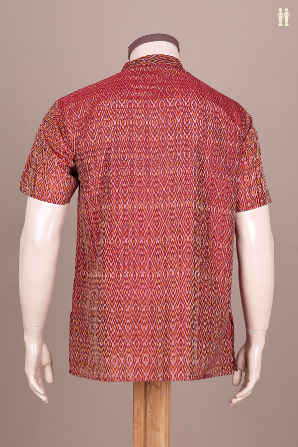 Chinese Collar Printed Design Red Silk Cotton Short Kurta