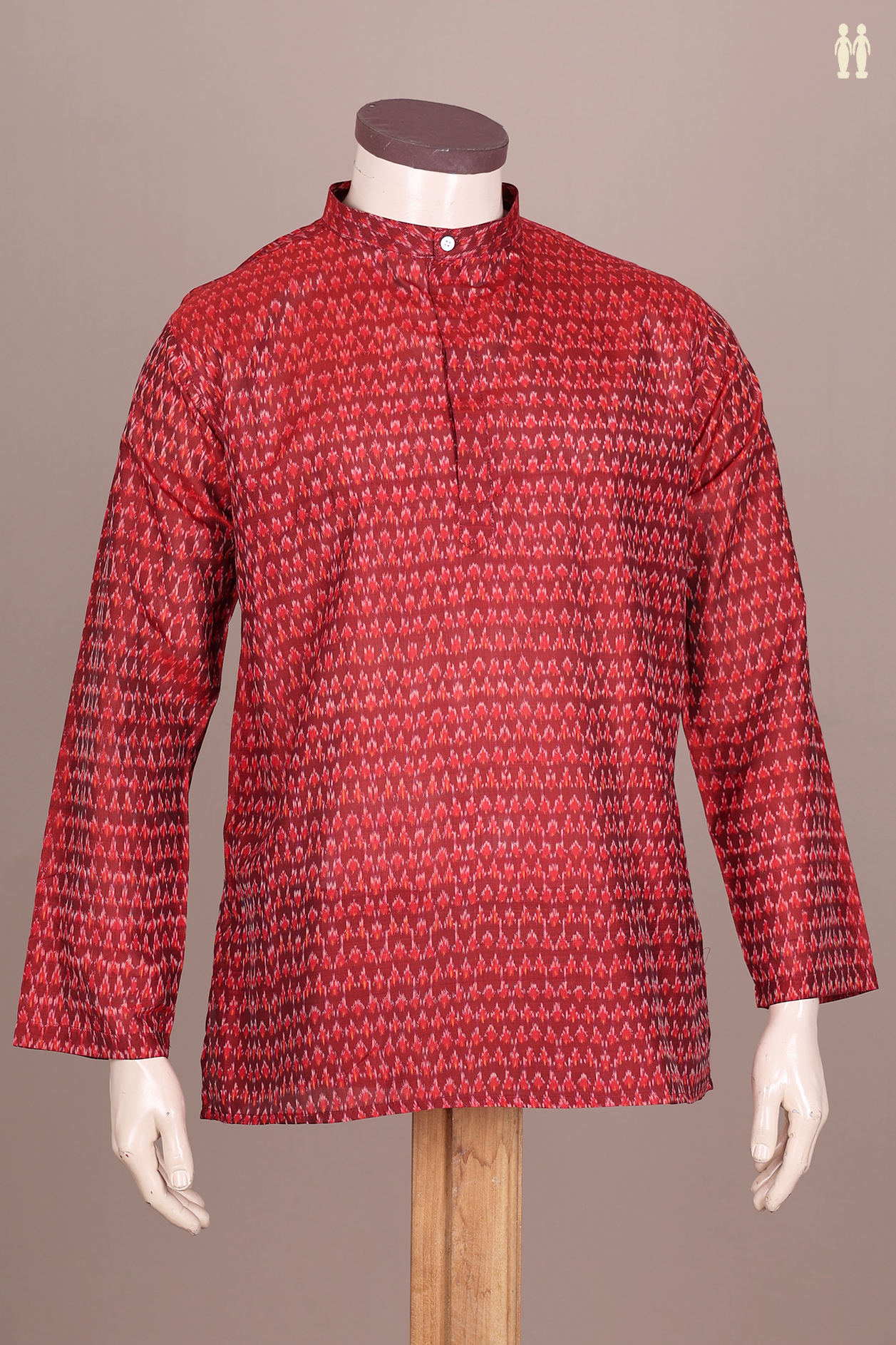 Chinese Collar Printed Design Red Silk Cotton Short Kurta