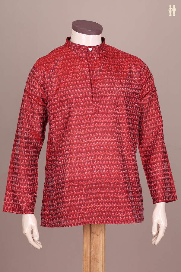 Chinese Collar Printed Design Red Silk Cotton Short Kurta