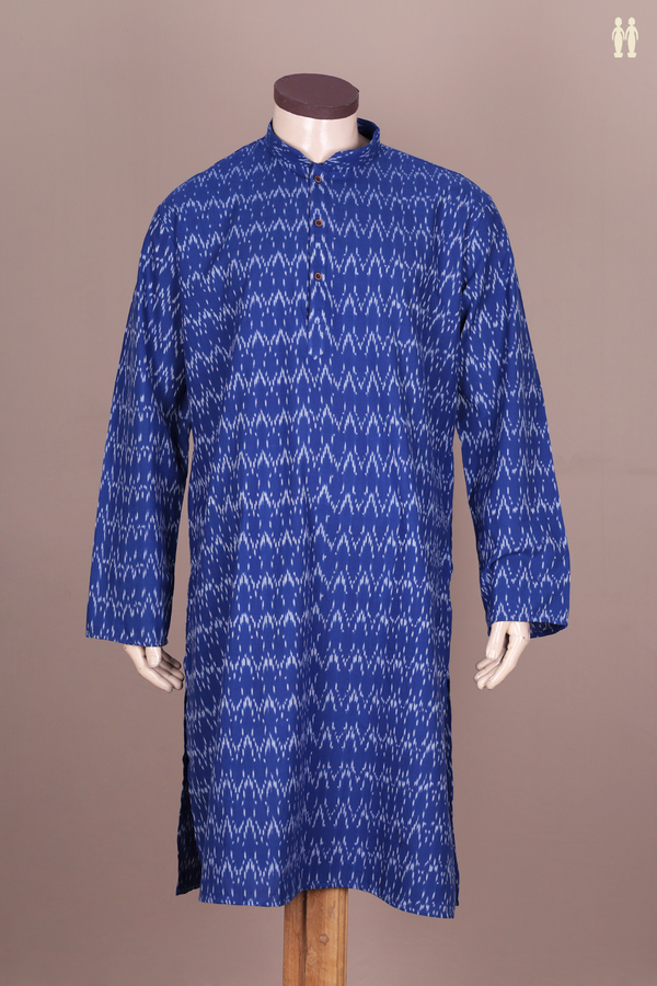 Chinese Collar Printed Design Royal Blue Cotton Long Kurta