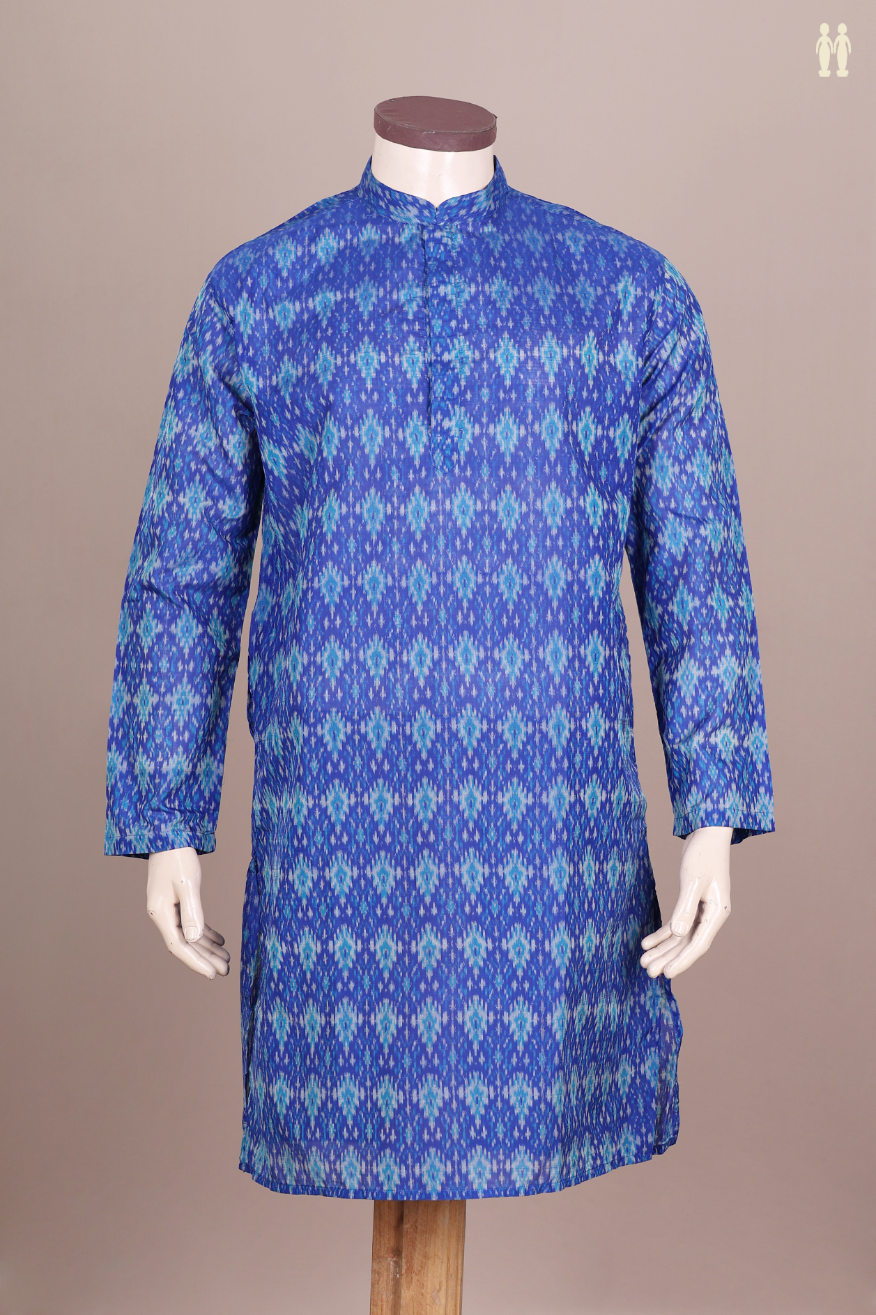 Chinese Collar Printed Design Royal Blue Silk Cotton Long Kurta
