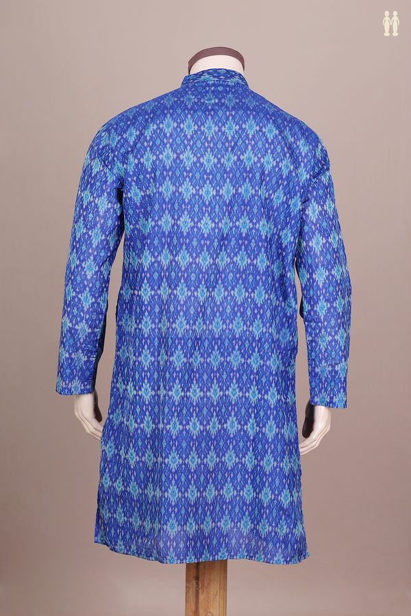 Chinese Collar Printed Design Royal Blue Silk Cotton Long Kurta