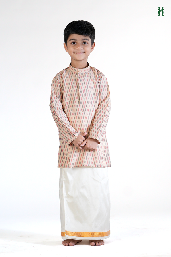 Chinese Collar Printed Design Tan Brown Silk Long Kurta