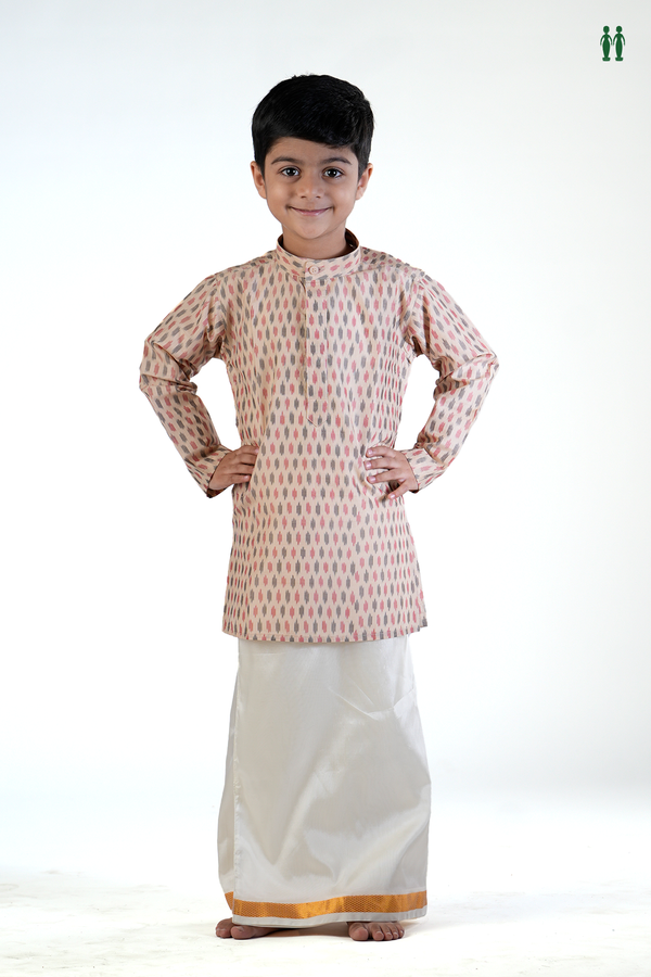 Chinese Collar Printed Design Tan Brown Silk Long Kurta
