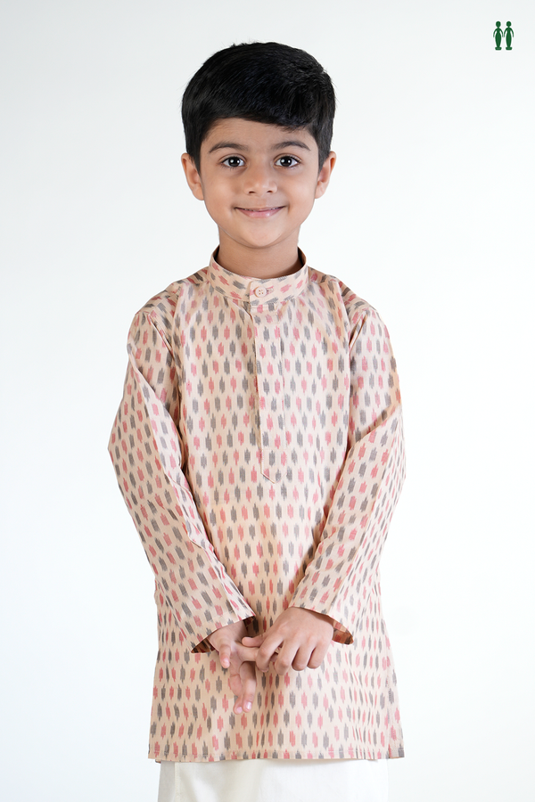 Chinese Collar Printed Design Tan Brown Silk Long Kurta