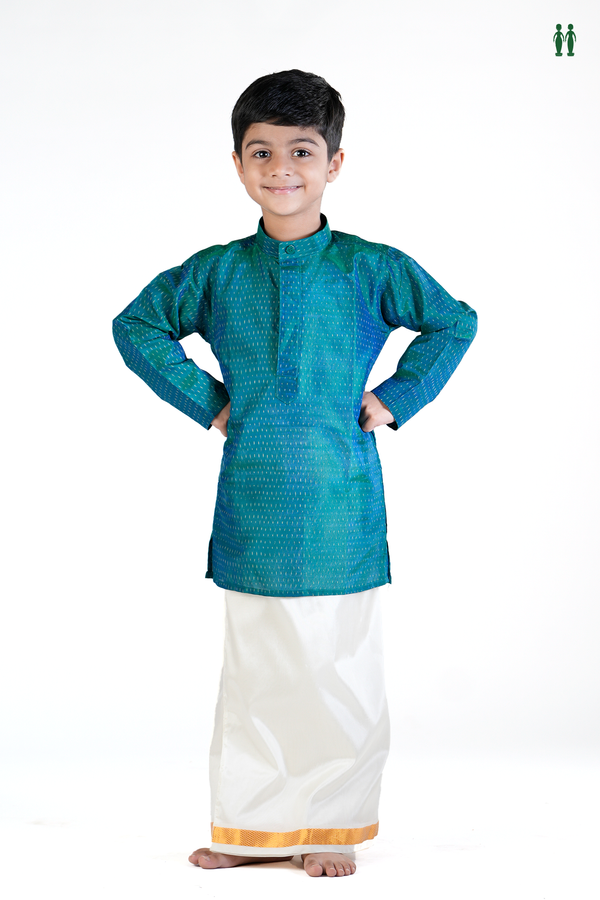 Chinese Collar Printed Design Teal Blue Silk Long Kurta