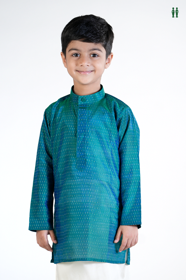 Chinese Collar Printed Design Teal Blue Silk Long Kurta