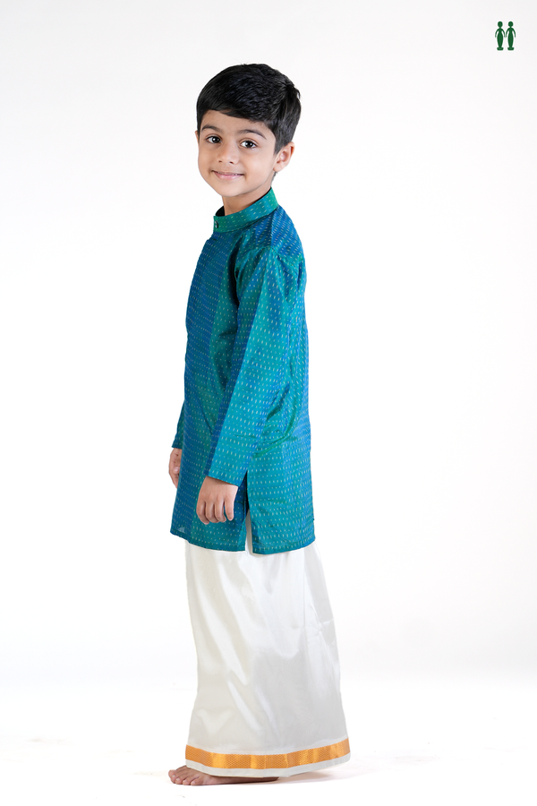 Chinese Collar Printed Design Teal Blue Silk Long Kurta