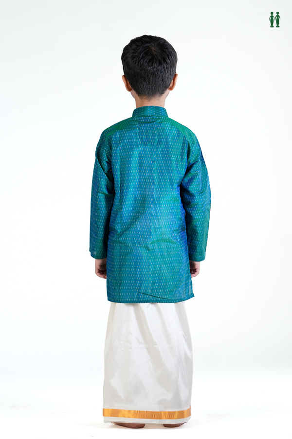 Chinese Collar Printed Design Teal Blue Silk Long Kurta