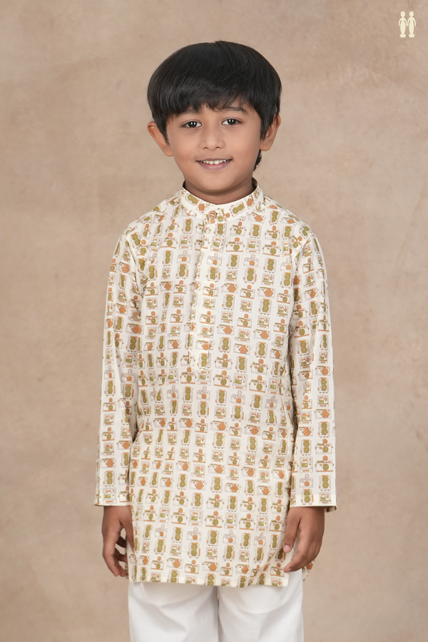 Chinese Collar Printed Design White Cotton Long Kurta