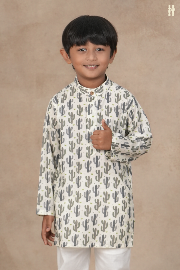 Chinese Collar Printed Design White Cotton Long Kurta