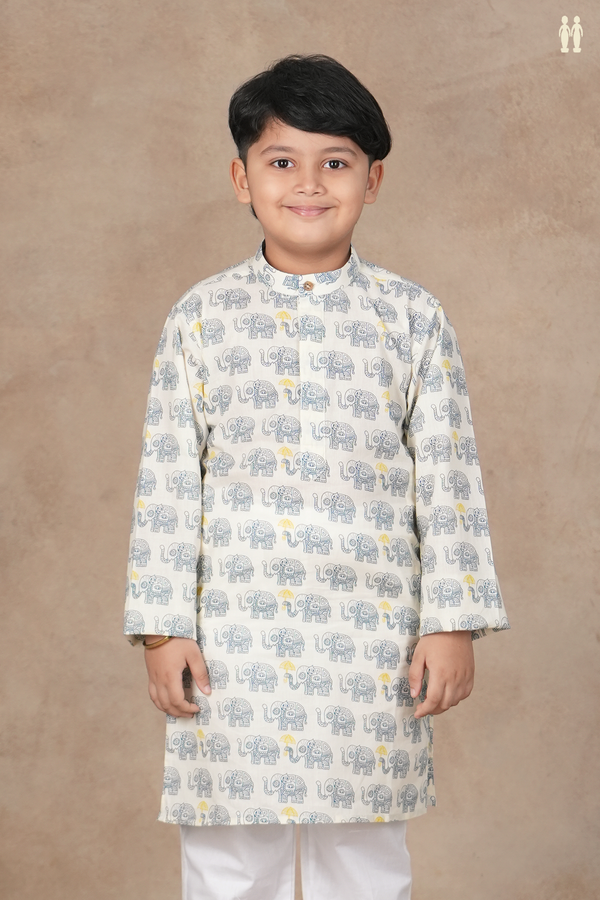 Chinese Collar Printed Design White Cotton Long Kurta
