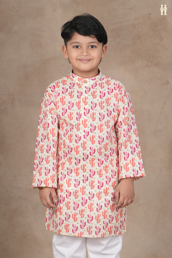 Chinese Collar Printed Design White Cotton Long Kurta