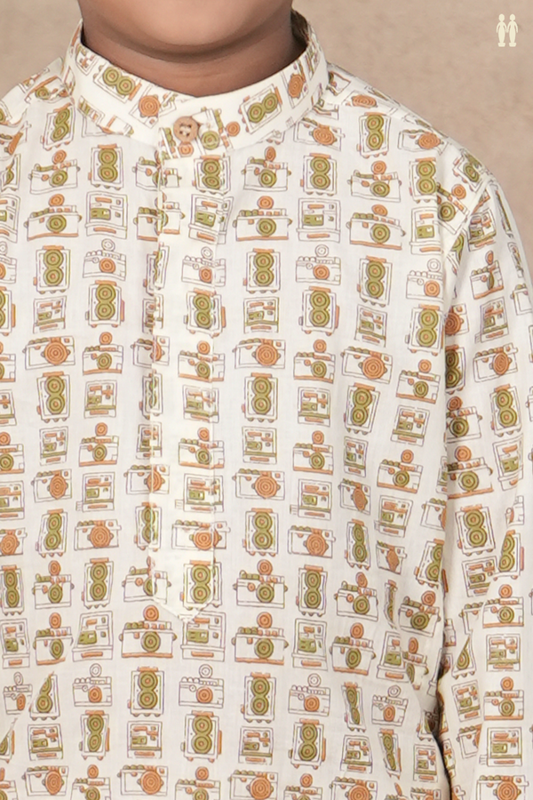 Chinese Collar Printed Design White Cotton Long Kurta