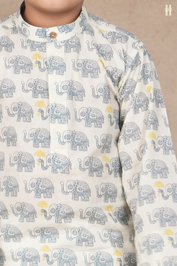 Chinese Collar Printed Design White Cotton Long Kurta
