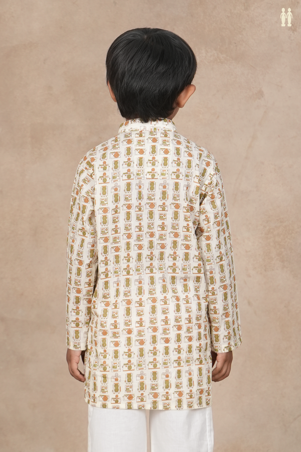 Chinese Collar Printed Design White Cotton Long Kurta
