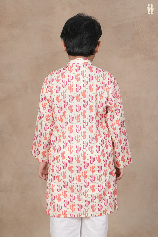 Chinese Collar Printed Design White Cotton Long Kurta
