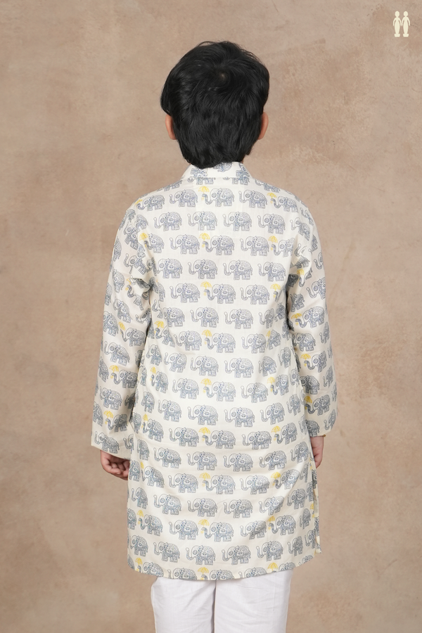 Chinese Collar Printed Design White Cotton Long Kurta