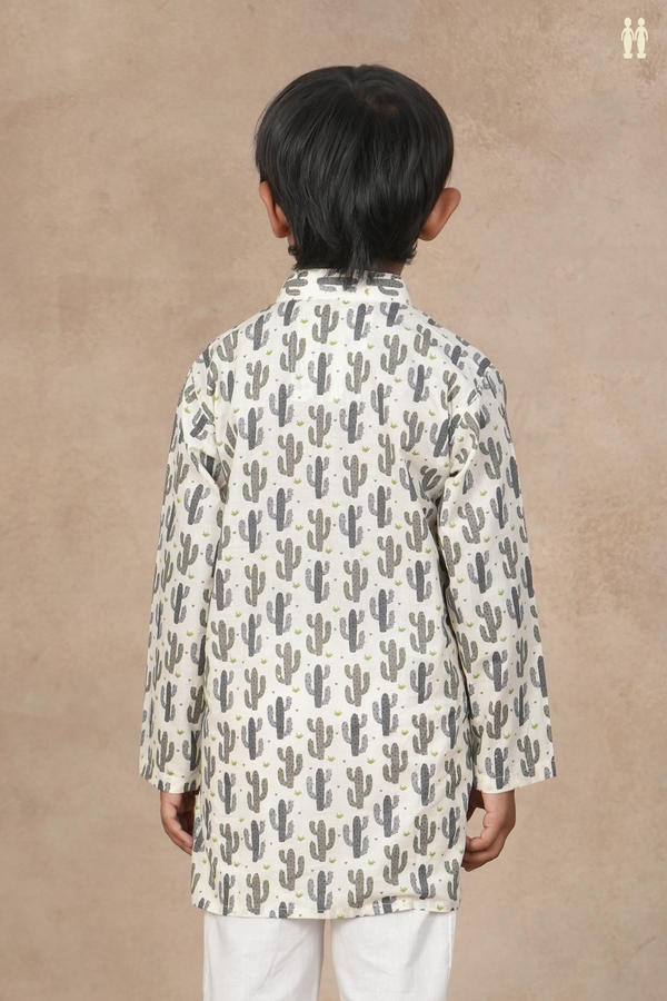 Chinese Collar Printed Design White Cotton Long Kurta