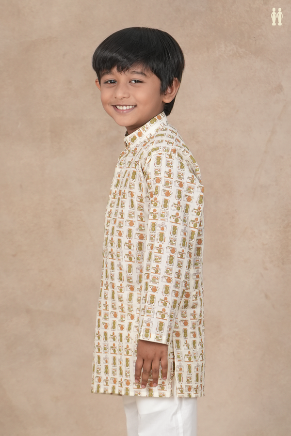 Chinese Collar Printed Design White Cotton Long Kurta