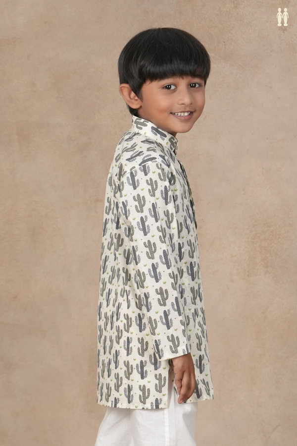 Chinese Collar Printed Design White Cotton Long Kurta