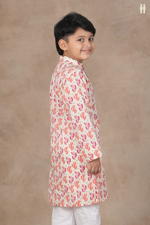 Chinese Collar Printed Design White Cotton Long Kurta