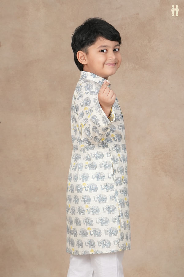 Chinese Collar Printed Design White Cotton Long Kurta