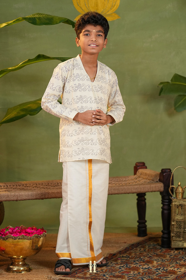 Chinese Collar Printed Design White Kasavu Short Kurta