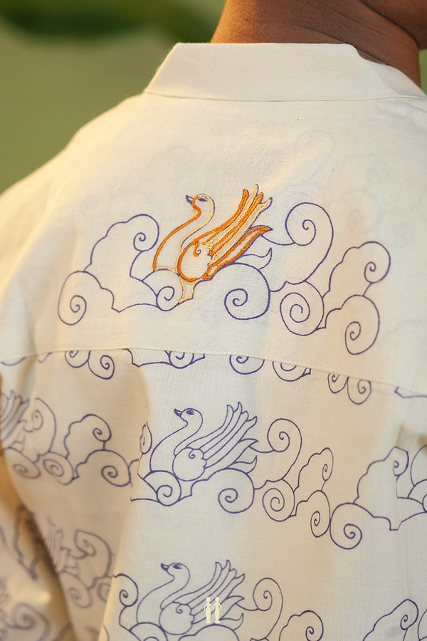 Chinese Collar Printed Design White Kasavu Short Kurta