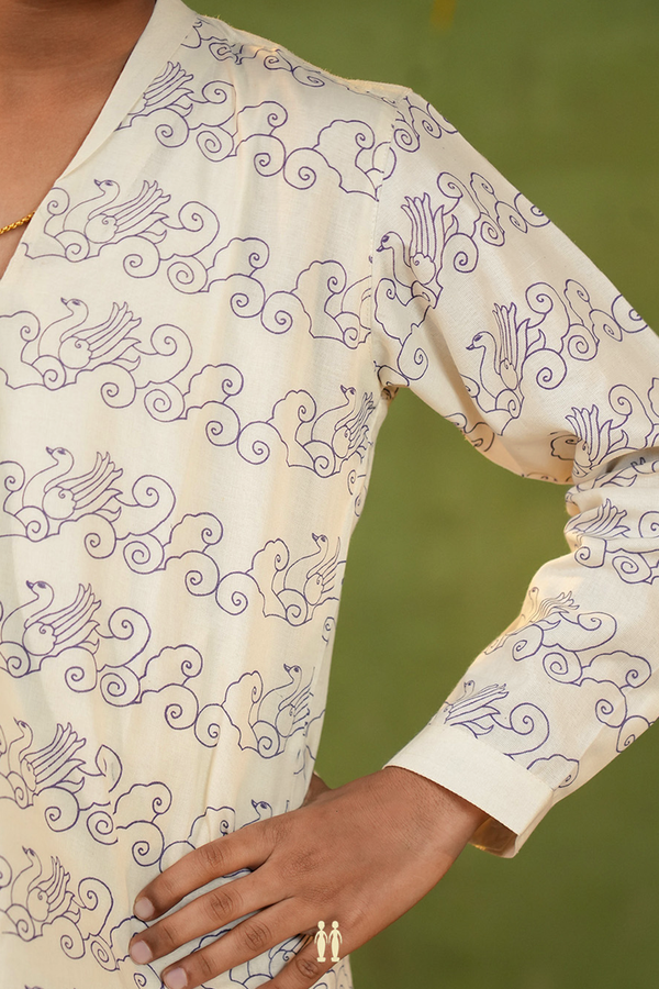 Chinese Collar Printed Design White Kasavu Short Kurta