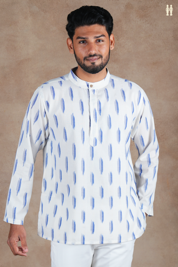 Chinese Collar Printed Design White Ikat Cotton Short Kurta