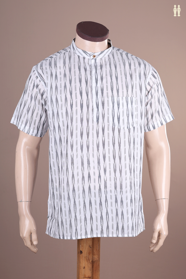 Chinese Collar Printed Design White Ikat Cotton Short Kurta
