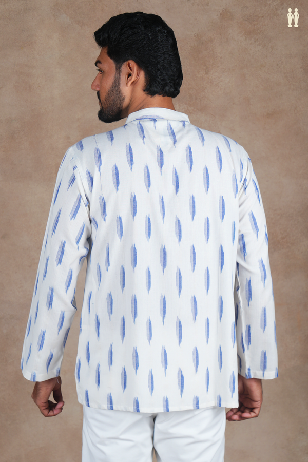 Chinese Collar Printed Design White Ikat Cotton Short Kurta