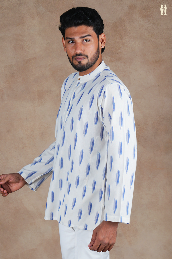 Chinese Collar Printed Design White Ikat Cotton Short Kurta