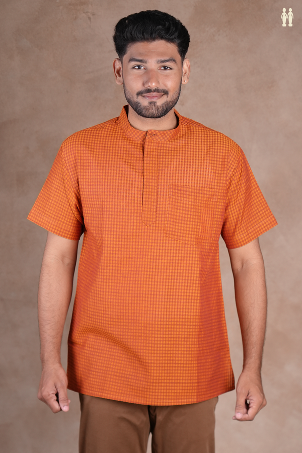 Chinese Collar Shades Of Orange Cotton Short Kurta