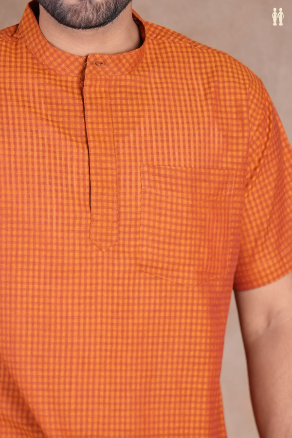 Chinese Collar Shades Of Orange Cotton Short Kurta