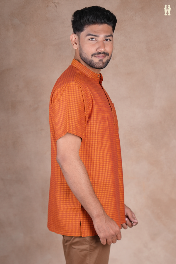 Chinese Collar Shades Of Orange Cotton Short Kurta