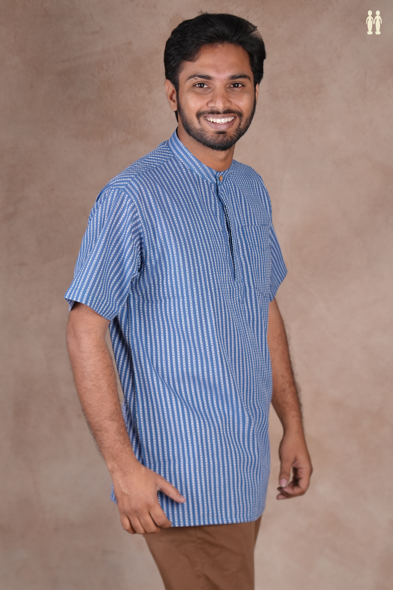 Chinese Collar Stripes Design Blue Cotton Short Kurta