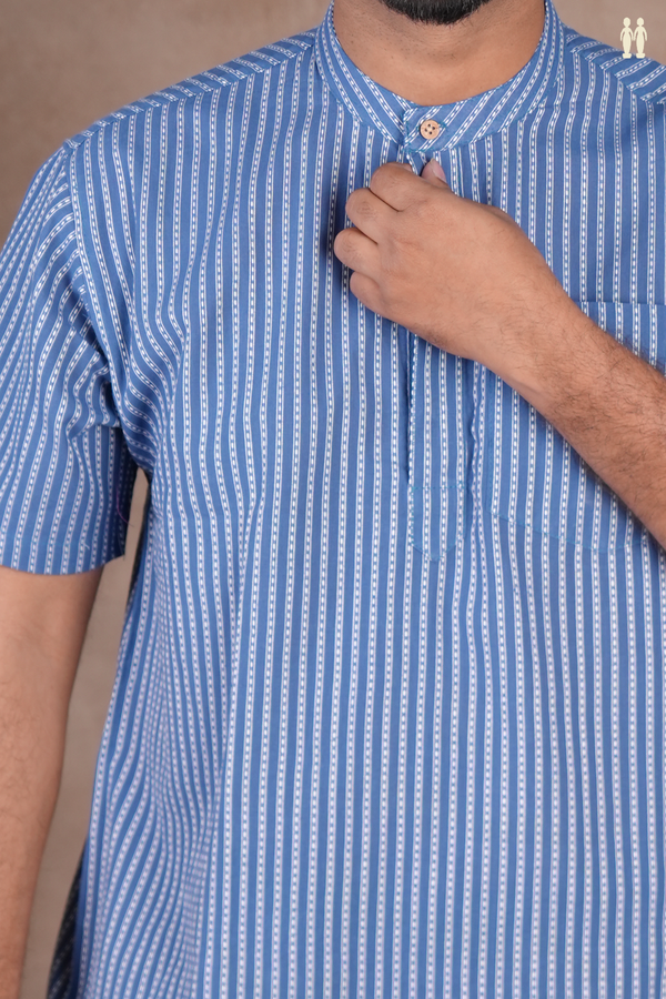 Chinese Collar Stripes Design Blue Cotton Short Kurta