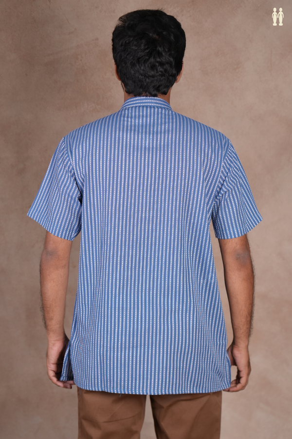 Chinese Collar Stripes Design Blue Cotton Short Kurta
