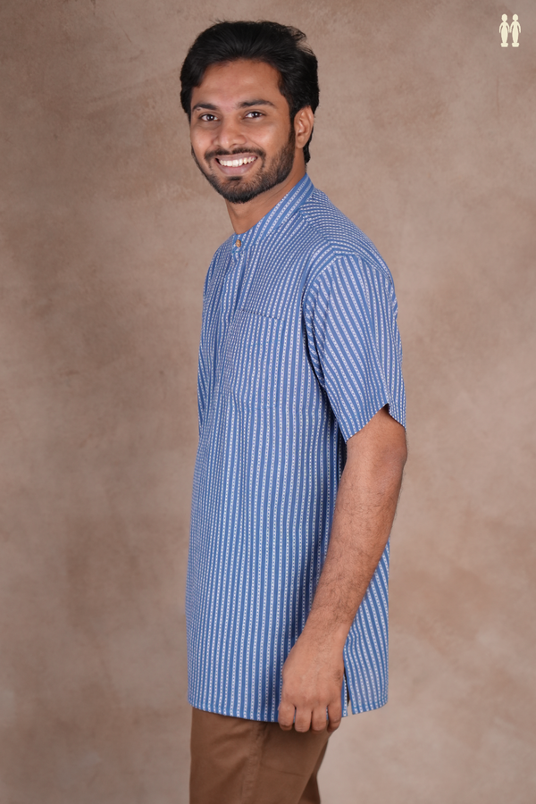Chinese Collar Stripes Design Blue Cotton Short Kurta