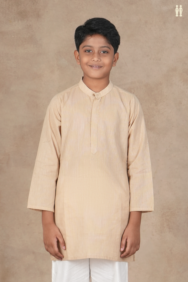 Chinese Collar Stripes Design Brown Cotton Long Kurta
