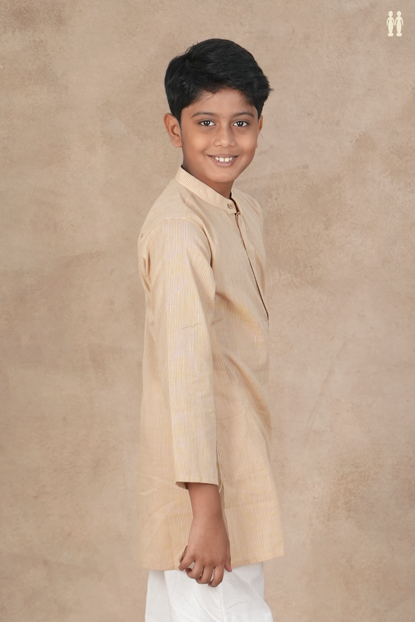 Chinese Collar Stripes Design Brown Cotton Long Kurta