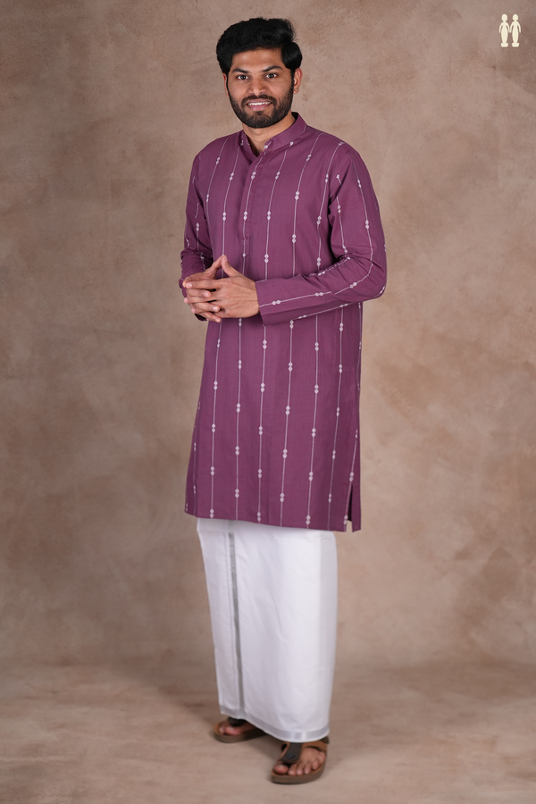 Chinese Collar Stripes Design Grape Purple Cotton Long Kurta
