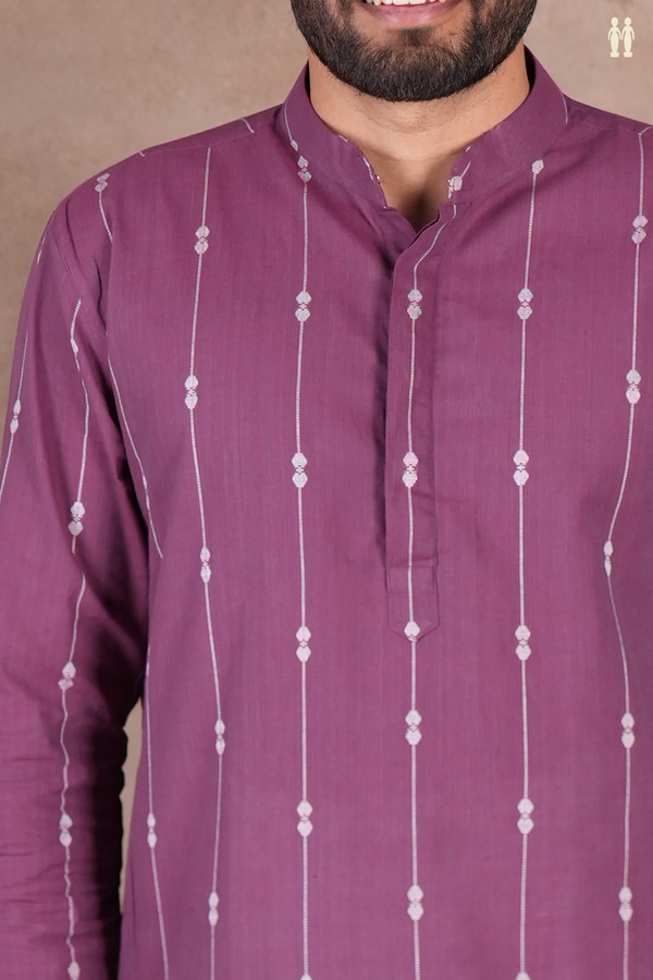 Chinese Collar Stripes Design Grape Purple Cotton Long Kurta