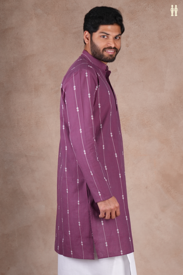 Chinese Collar Stripes Design Grape Purple Cotton Long Kurta