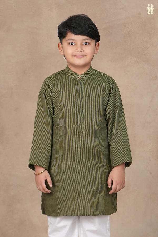 Chinese Collar Stripes Design Green Cotton Long Kurta