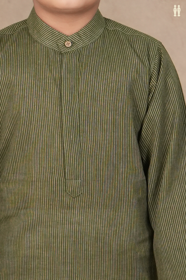 Chinese Collar Stripes Design Green Cotton Long Kurta