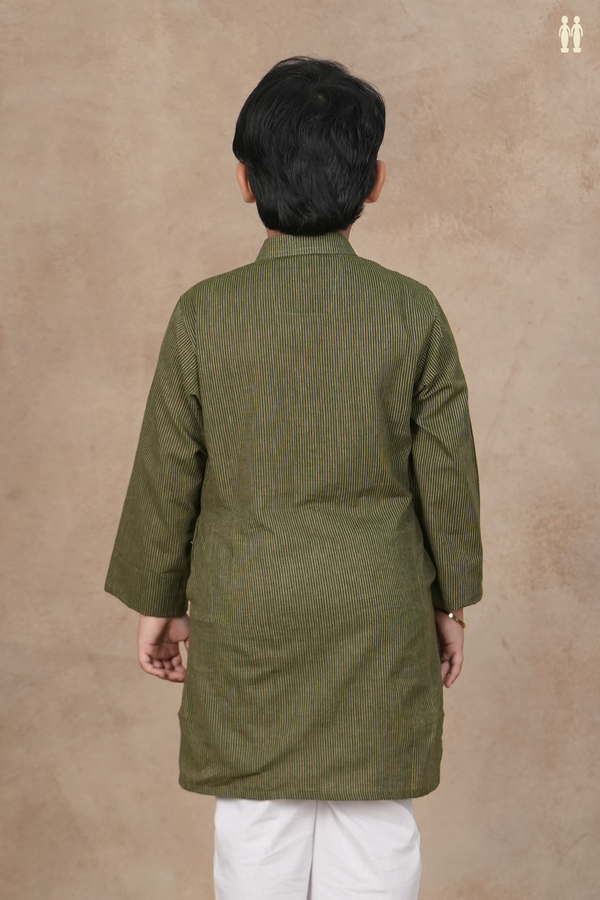 Chinese Collar Stripes Design Green Cotton Long Kurta