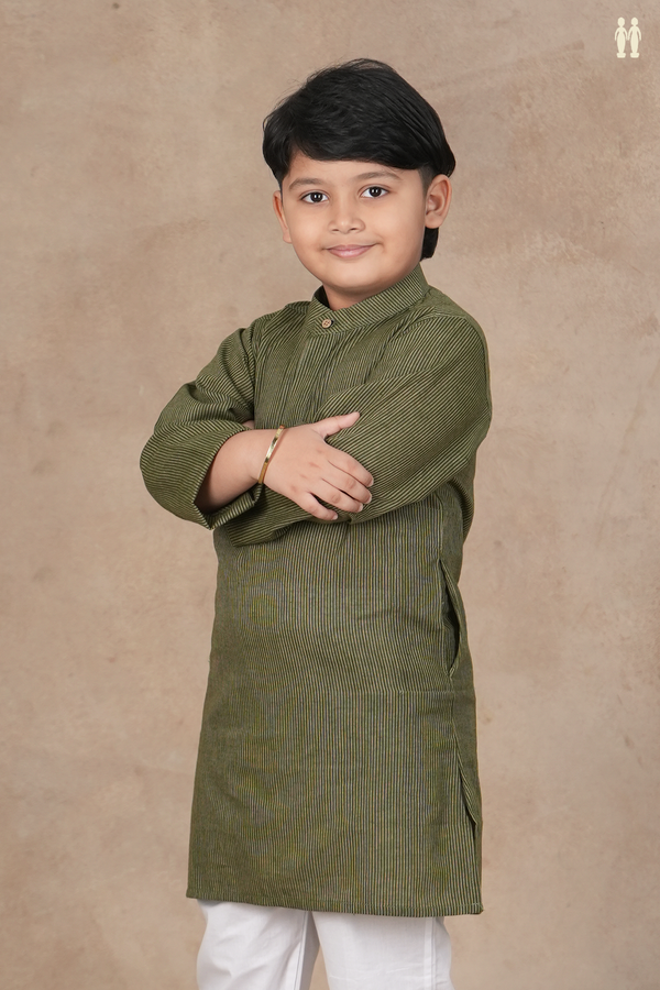 Chinese Collar Stripes Design Green Cotton Long Kurta
